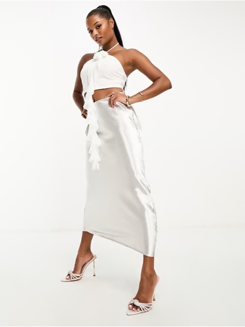 Satin Midi Skirt in Silver